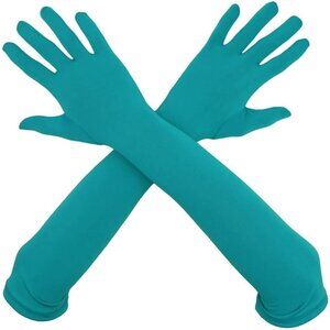 Women's Elbow Length Full Finger Satin Lake Blue Gloves Stretchy Party Costume